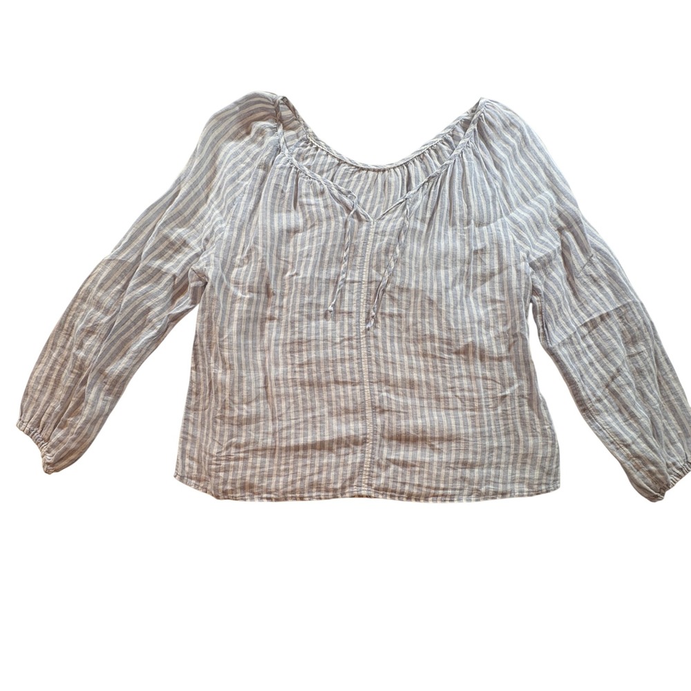 Unbranded Linen Striped Peasant Blouse Womens Large Blue White Boho Relaxed Top